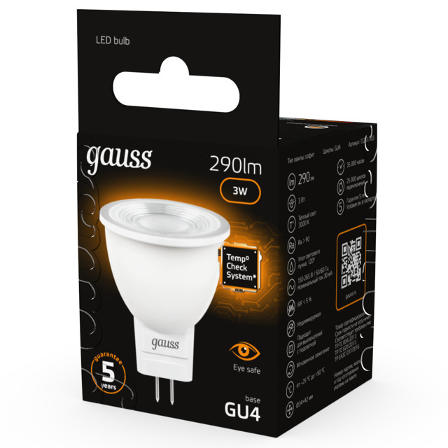 лампа светодиодная GAUSS 3Вт GU4 LED 290ЛМ 3000K MR11 спот