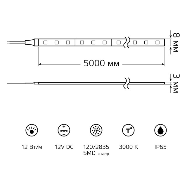 лента светодиодная GAUSS Basic 12В 12Вт/м LED 1200Лм/м 3000К IP65 5м