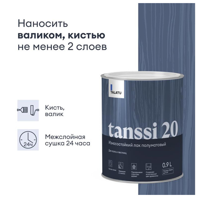 лак полиуретановый TALATU Tanssi 20 для полов и лестниц п/матовый 0,9 л бесцветный, арт.S1217003001