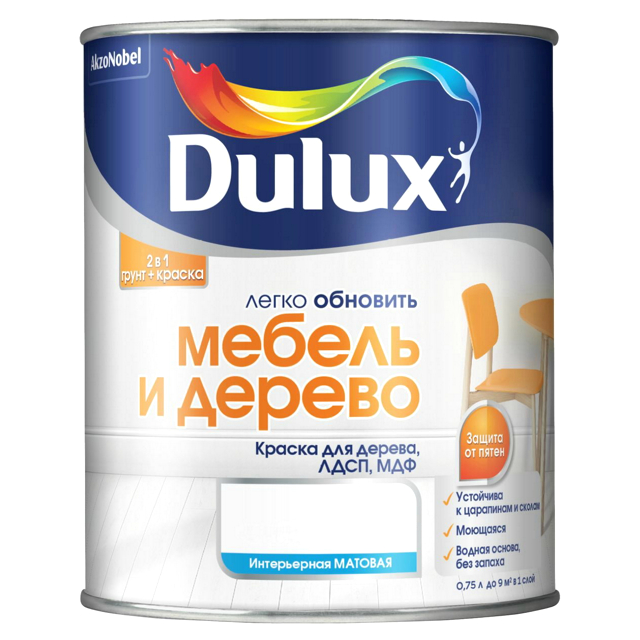 краска в/д DULUX Мебель и Дерево база BС 0,75л бесцветная арт.5327293