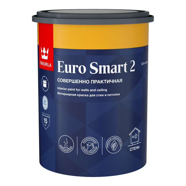 краска акриловая TIKKURILA Euro Smart 2 для стен и потолков база A 0,9л белая, арт.700009614