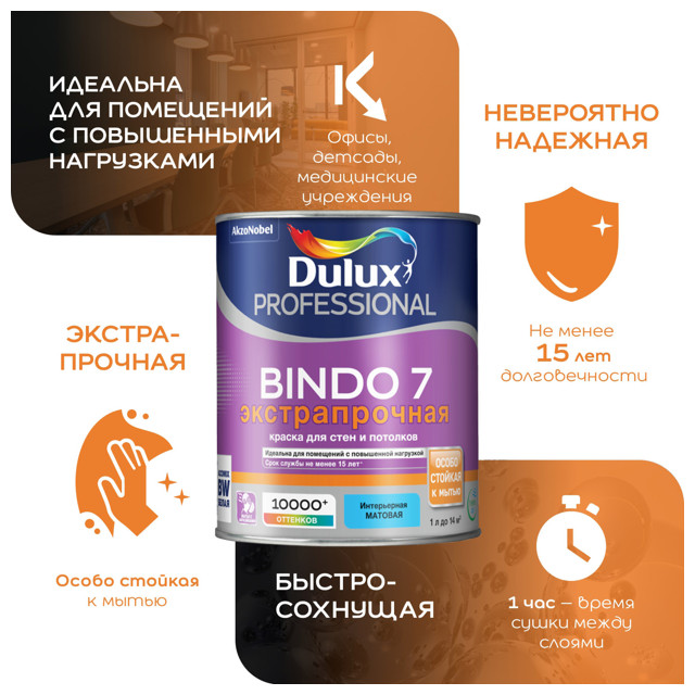 краска в/д DULUX Professional Bindo 7 база BW для стен и потолков 1л белая, арт.5309395