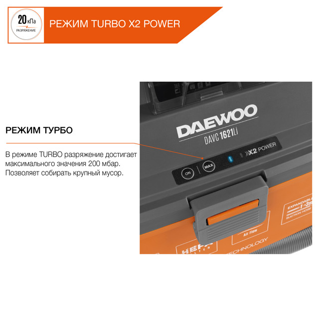 пылесос аккумуляторный DAEWOO DAVC 1621Li SET 16л 210 мБар