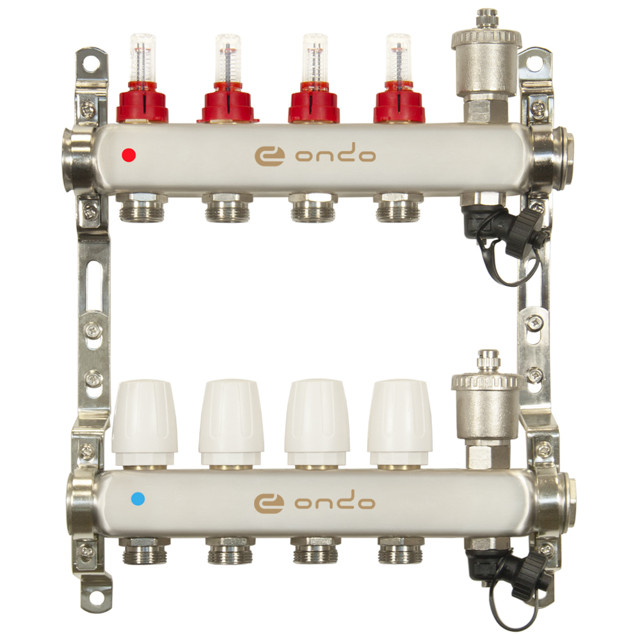 коллекторная группа ONDO 1" х 4 отвода с расходомерами нерж. сталь