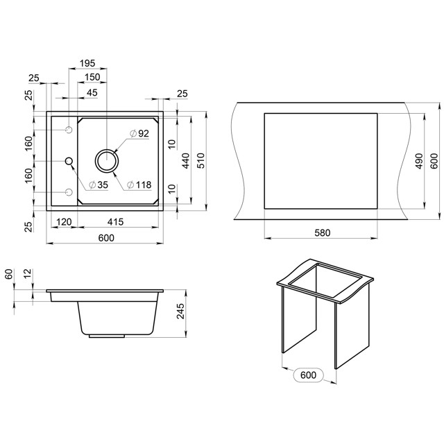 мойка GRANULA Kitchen Space 6004 600х510х245мм алюминиум кварц