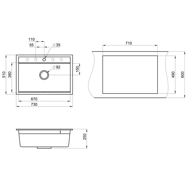 мойка GRANULA Kitchen Space 7301 730х510х245мм арктик кварц