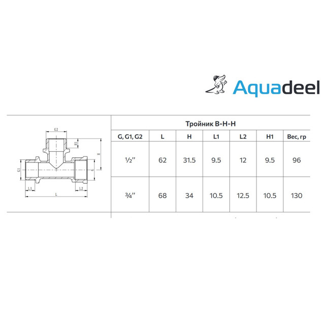 тройник Aquadeel 1/2" ВР/НР/НР латунь резьба