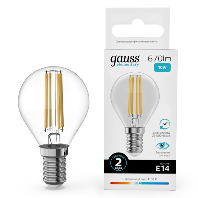 лампа филаментная GAUSS Filament Elementary 10Вт Е14 LED 670Лм 4100К шар