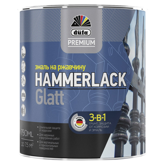 эмаль алкидная DUFA Hammerlack по ржавчине 0,75л RAL 9005 черная, арт.Н0000004454