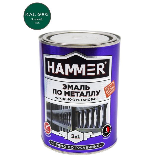 эмаль-грунт по металлу HAMMER 0,9кг RAL6005 зеленый мох, арт.ЭК000133626