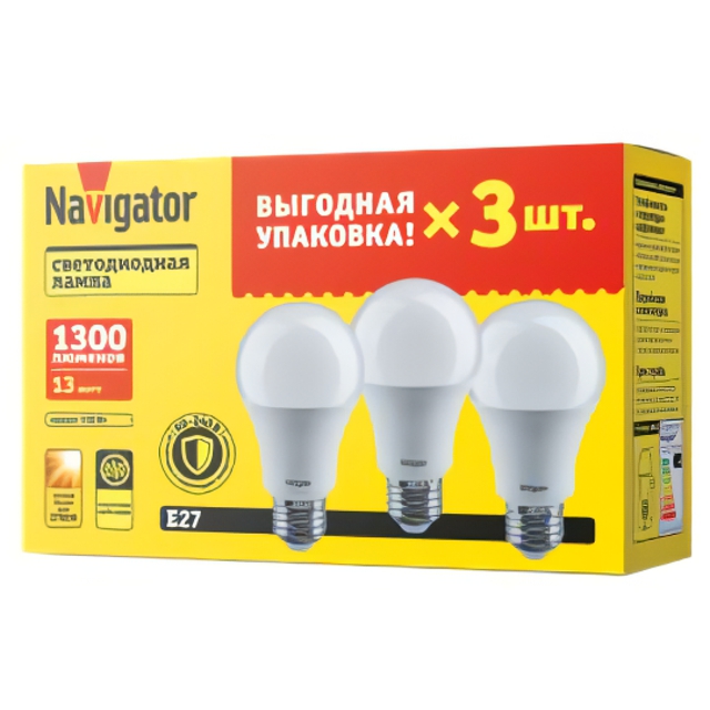 лампа светодиодная NAVIGATOR 13Вт Е27 230В 2700К груша 3шт