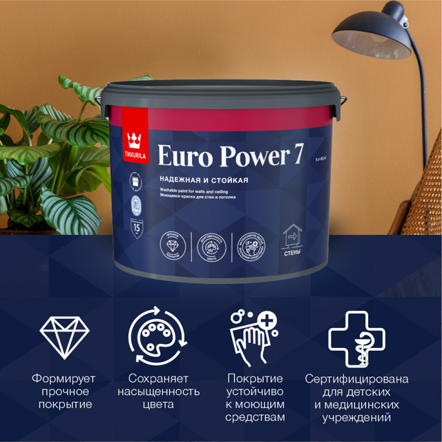 краска акриловая TIKKURILA Euro Power 7 для стен и потолков база А 9л белая, арт.700001121