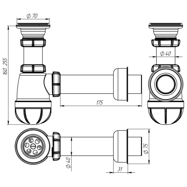 сифон для мойки AQUANT 1.1/2"х40 с метал. решеткой с прямой трубой 40 мм