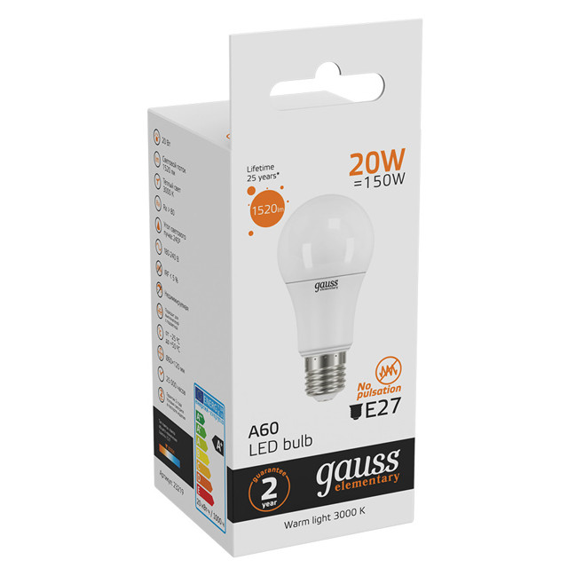 лампа GAUSS Elementary 20Вт E27 LED 1520Лм 3000K A60 шар