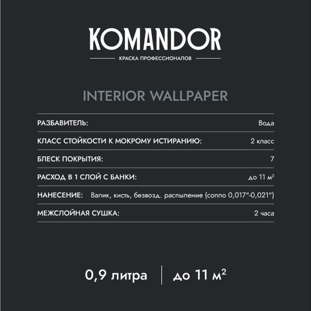 краска в/д KOMANDOR Interior Wallpaper база А матовая для обоев 0,9 л белая, арт.S1306001001