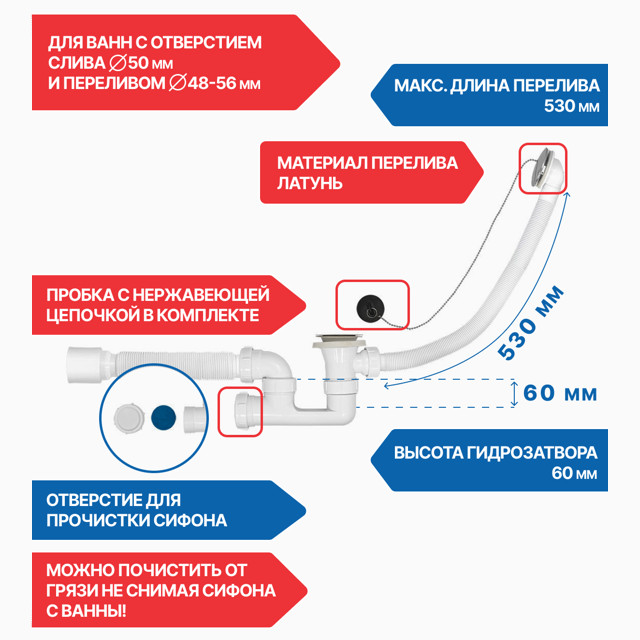 слив-перелив для ванны и глубокого поддона MasterProf с гибкой трубой 40х32/40/50