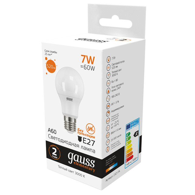 лампа Gauss Elementary 7Вт E27 520Лм LED 3000К груша