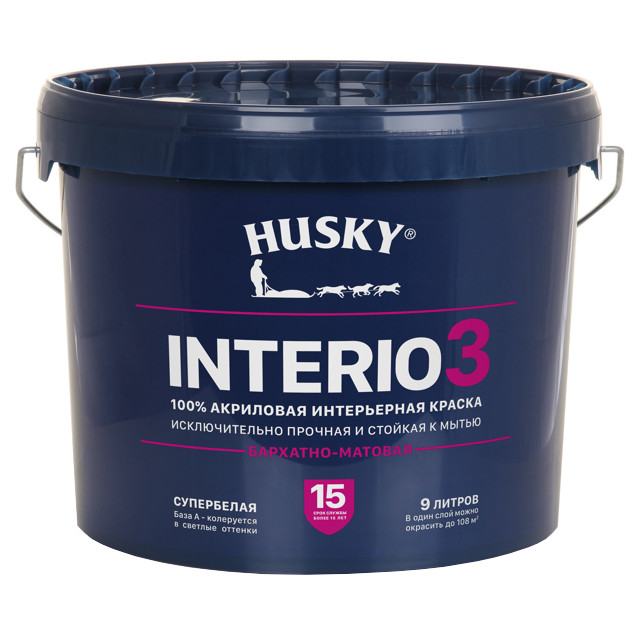 краска акриловая HUSKY INTERIO 3 для стен и потолков база А бархатно-матовая 9л, арт.32243