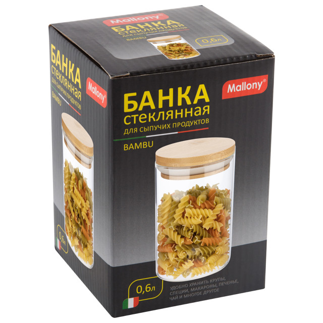 банка для продуктов MALLONY Bambu 0,6 л, круглая, стеклянная