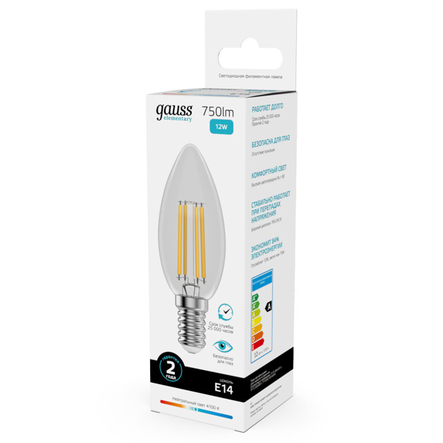лампа филаментная GAUSS Filament Elementary 12Вт Е14 LED 750Лм 4100К свеча