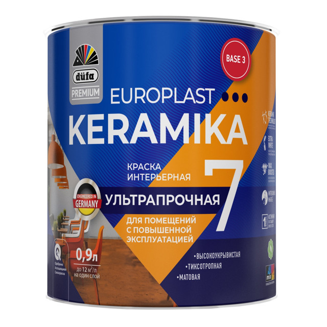 краска в/д DUFA Premium EuroPlast Keramika 7 база 3 для стен и потолков 0,9л бесцветная, арт.МП00