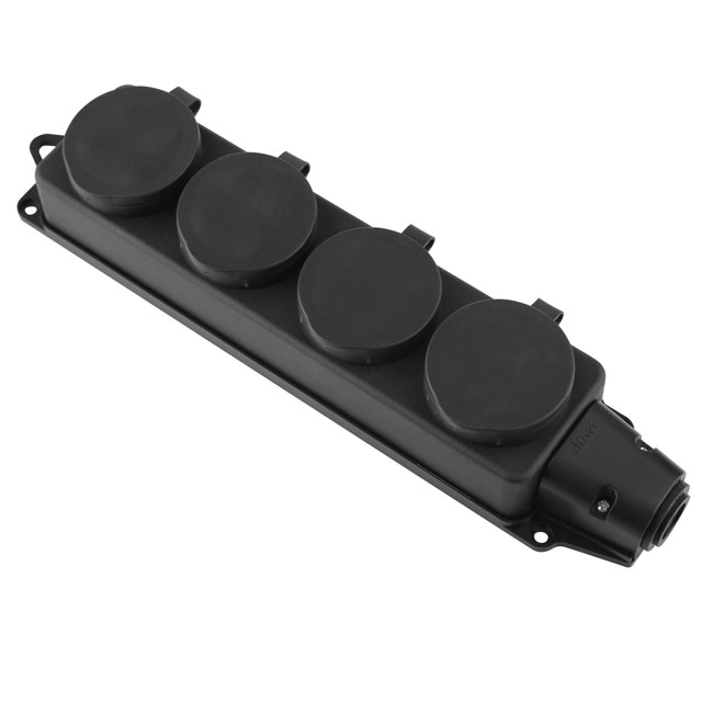 колодка 4 гнезда DUWI с крышкой с/з IP44 16A черный