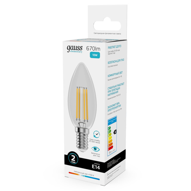 лампа филаментная GAUSS Filament Elementary 10Вт Е14 LED 670Лм 4100К свеча