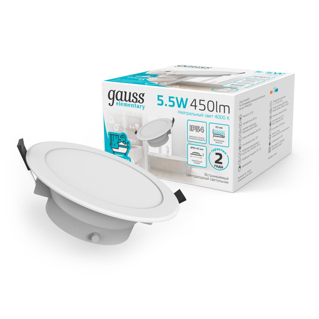 светильник GAUSS Elementary Downlight круг 5,5Вт 450Лм 4000K 185-250В IP54 монтаж белый LED