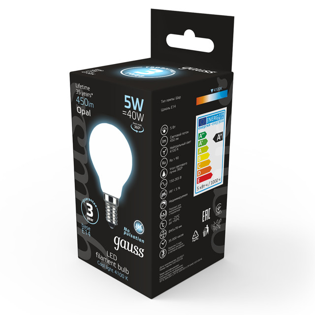 лампа филаментная GAUSS 5Вт LED Е14 450Лм LED 4100К milky Шар