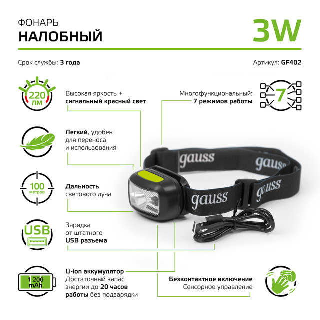 фонарь налобный GAUSS LED 3Вт 220Лм Li-ion 1200mAh черный
