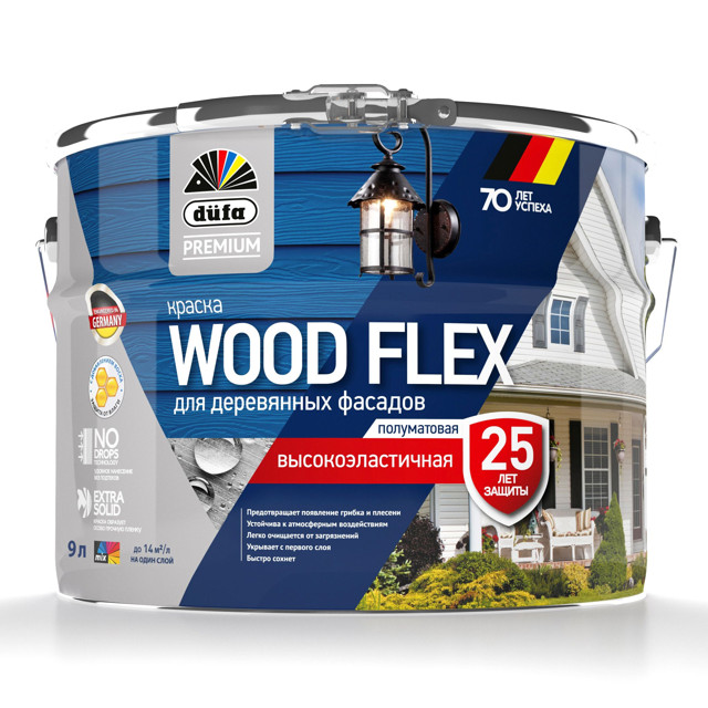 краска в/д фасадная DUFA Premium Wood Flex для дерева база 1 9л белая, арт.МП00-007342