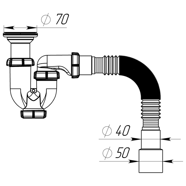 сифон для мойки AQUANT 1 1/2"х40мм прямоточный с гибкой трубой 40х40/50