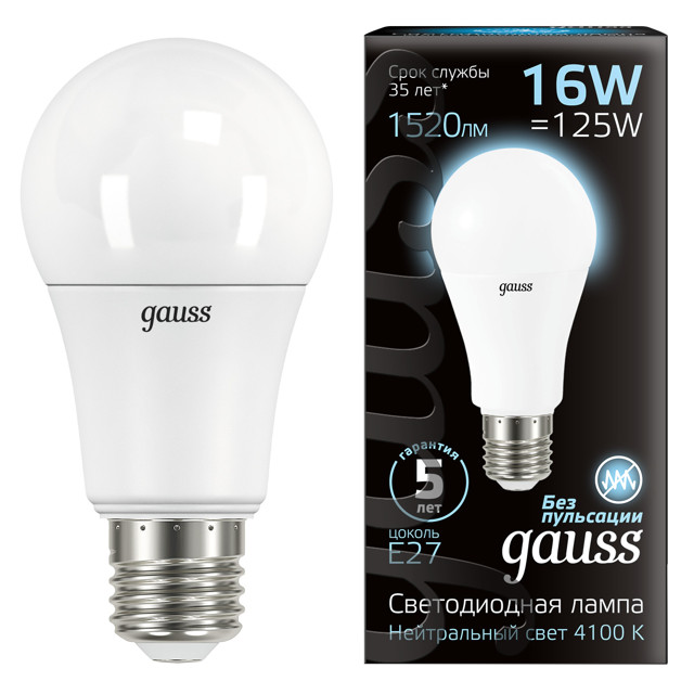 лампа GAUSS 16Вт E27 LED 1520Лм 4100K A60 груша