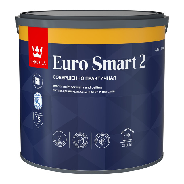 краска акриловая TIKKURILA Euro Smart 2 для стен и потолков база A 2,7л белая, арт.700001103