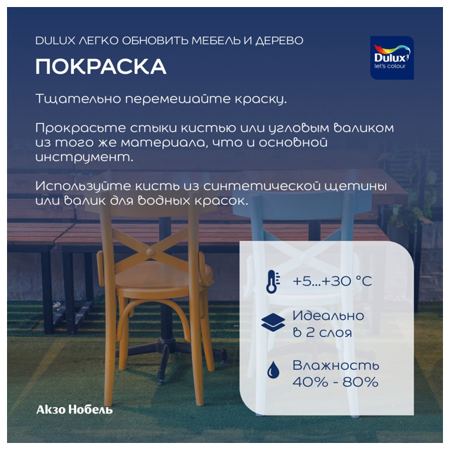 краска в/д DULUX Мебель и Дерево база BW 0,75л белая, арт.5327291