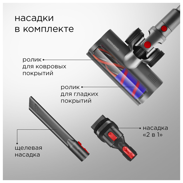 пылесос вертикальный беспроводной REDMOND VH1310, 300 Вт, контейрен 0,5л,серый