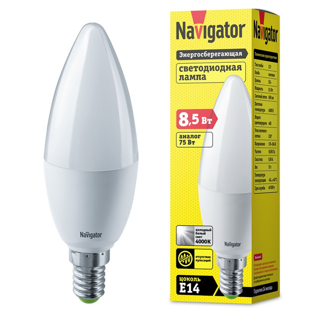 лампа светодиодная NAVIGATOR 8,5 Вт Е14 680Лм 4000K 264В матовый свеча
