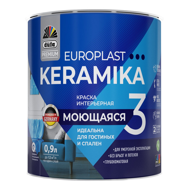 краска в/д DUFA Premium EuroPlast Keramika 3 база 1 для стен и потолков 0,9л белая, арт.МП00-006958