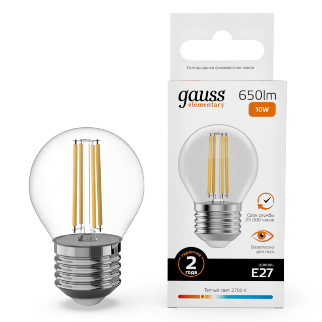 лампа филаментная GAUSS Filament Elementary 10Вт Е27 LED 650Лм 2700К шар