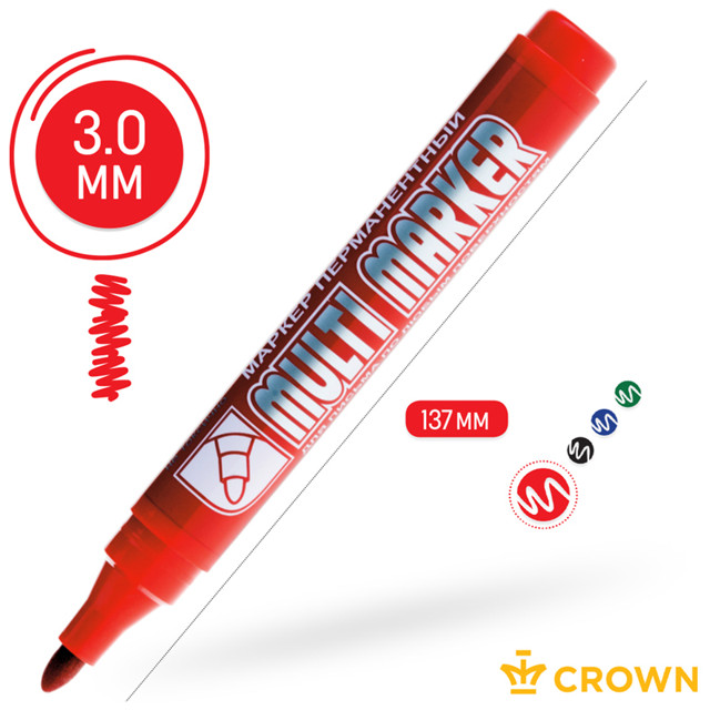 маркер перманентный CROWN Multi Marker красный пулевидный 3мм