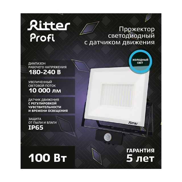 прожектор светодиодный RITTER Profi с датчиком движения 230В 100Вт 6500К 10000Лм IP65 черный