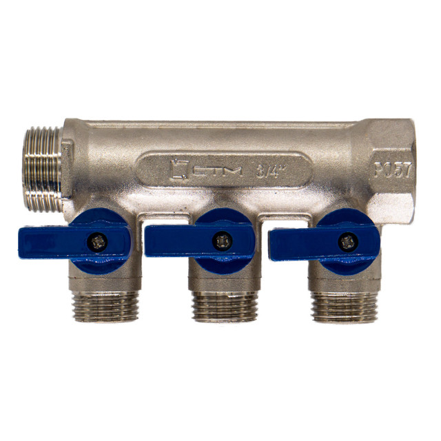 коллектор 3 выхода CTM  3/4" х 1/2" НР латунь с отсекающими кранами