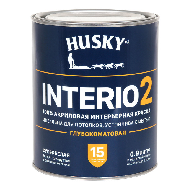 краска акриловая HUSKY INTERIO 2 для стен и потолков 0,9л, арт.32196