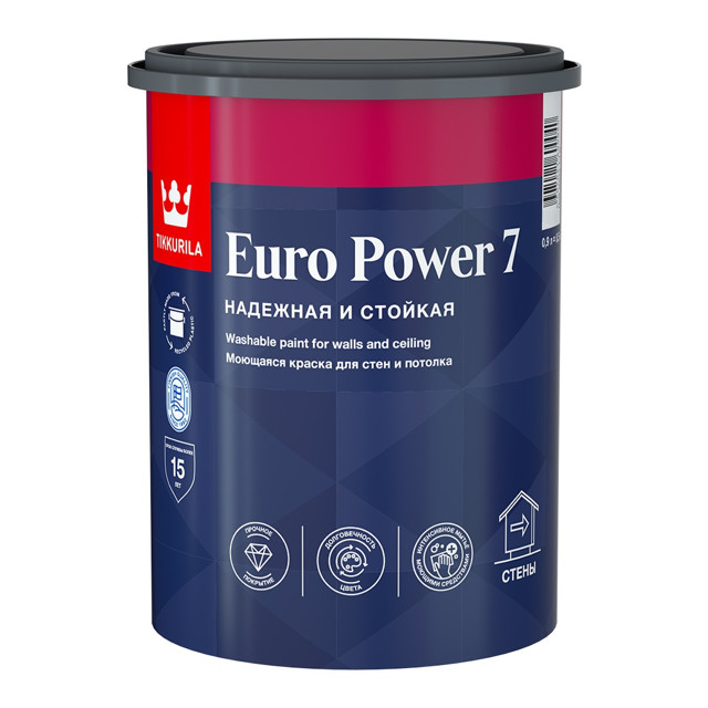 краска акриловая TIKKURILA Euro Power 7 для стен и потолков база С 0,9л  бесцветная, арт.700001122