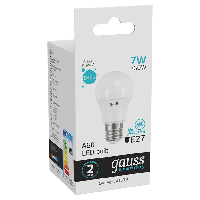 лампа GAUSS Elementary 7Вт E27 LED 540Лм 4100K A60 груша