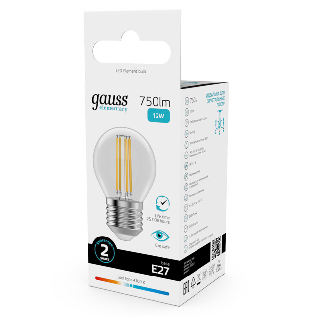 лампа филаментная GAUSS Filament Elementary 12Вт Е27 LED 750Лм 4100К шар