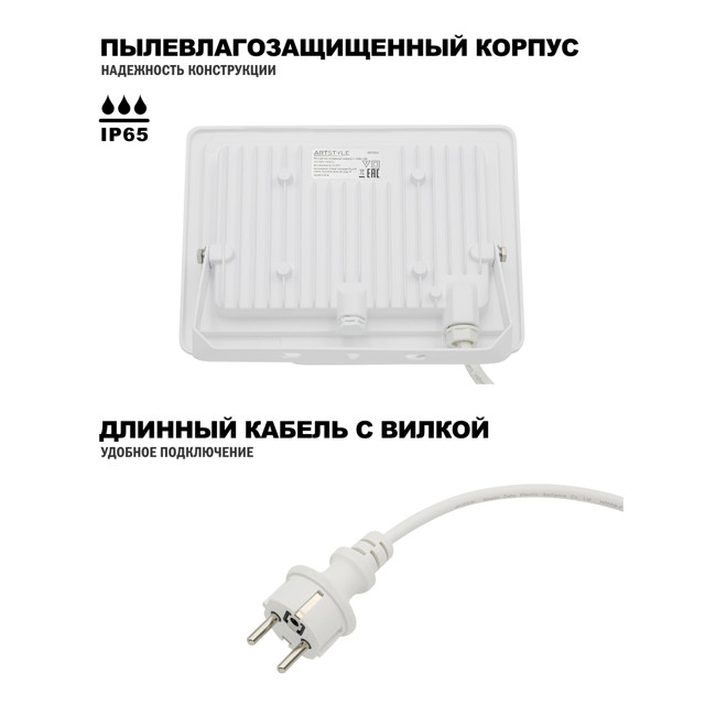 прожектор ARTSTYLE RGB с пультом ДУ и вилкой 30Вт 1260Лм IP65 белый