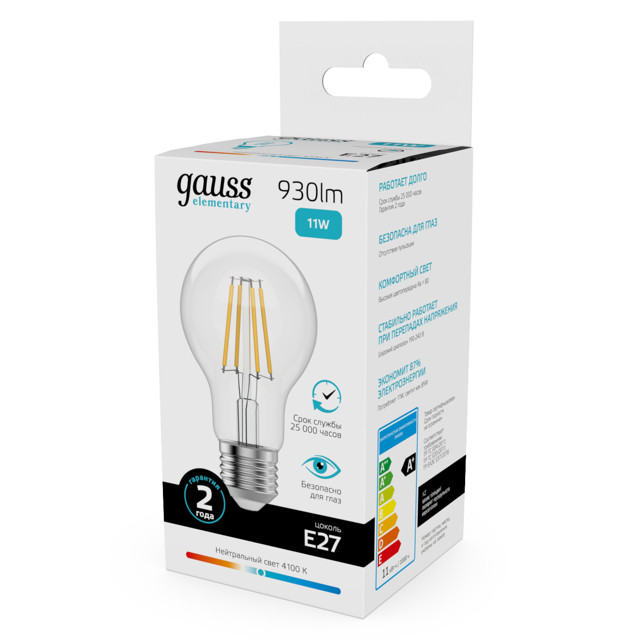 лампа филаментная GAUSS Filament Elementary 11Вт Е27 LED 930Лм 4100К груша