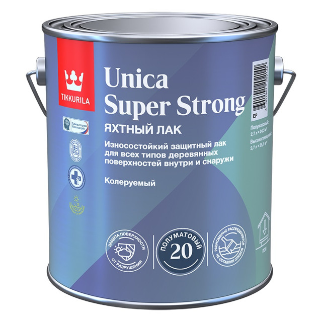 лак алкидно-уретановый TIKKURILA Unica Super Strong яхтный полуматовый 2,7л , арт.700014012