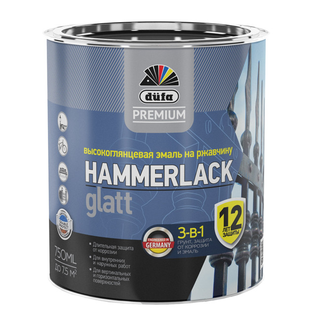 эмаль алкидная DUFA Hammerlack по ржавчине 0,75л RAL 9005 черная, арт.Н0000004454